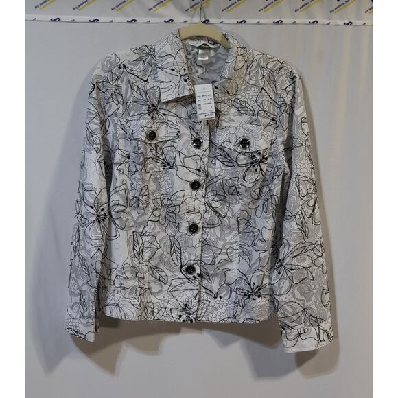 Christopher & Banks White/Black Print Flower Button Jacket Size S - Picture 1 of 6